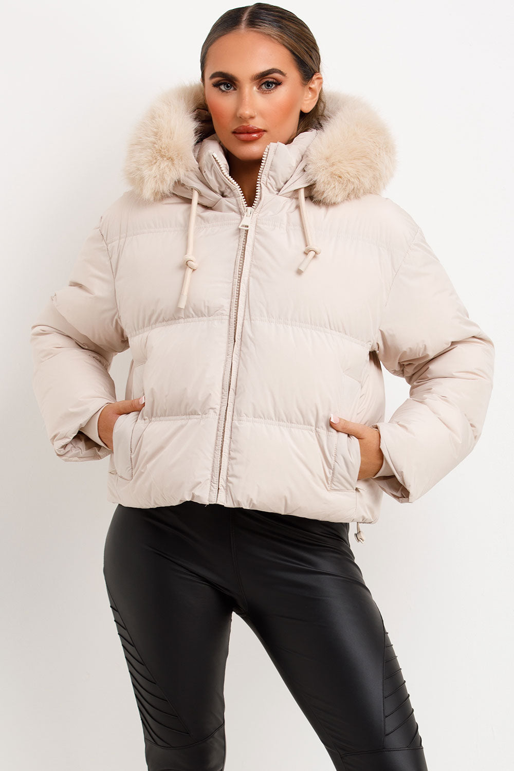 Puffer Jacket With Faux Fur Hood Beige