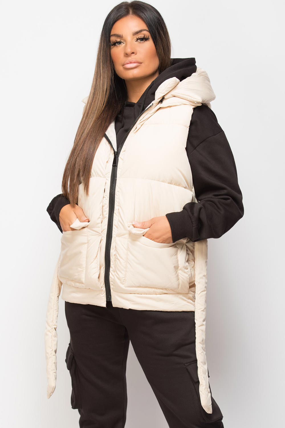 Padded Gilet With Belt And Detachable Hood Beige