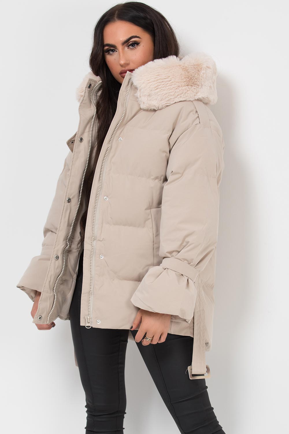 Beige Puffer Padded Coat With Faux Fur Hood