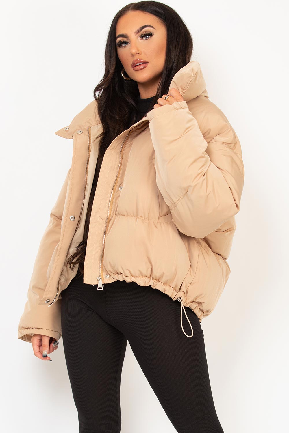 Beige Puffer Jacket With Drawstring Hem