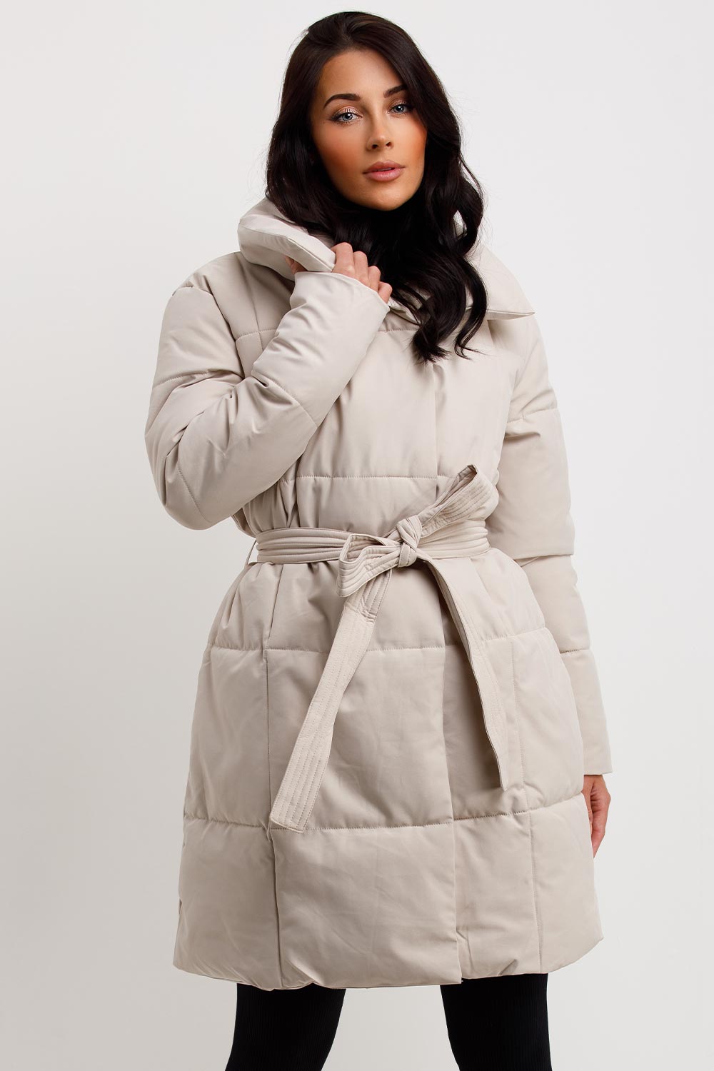 Long Duvet Coat With Belt Beige