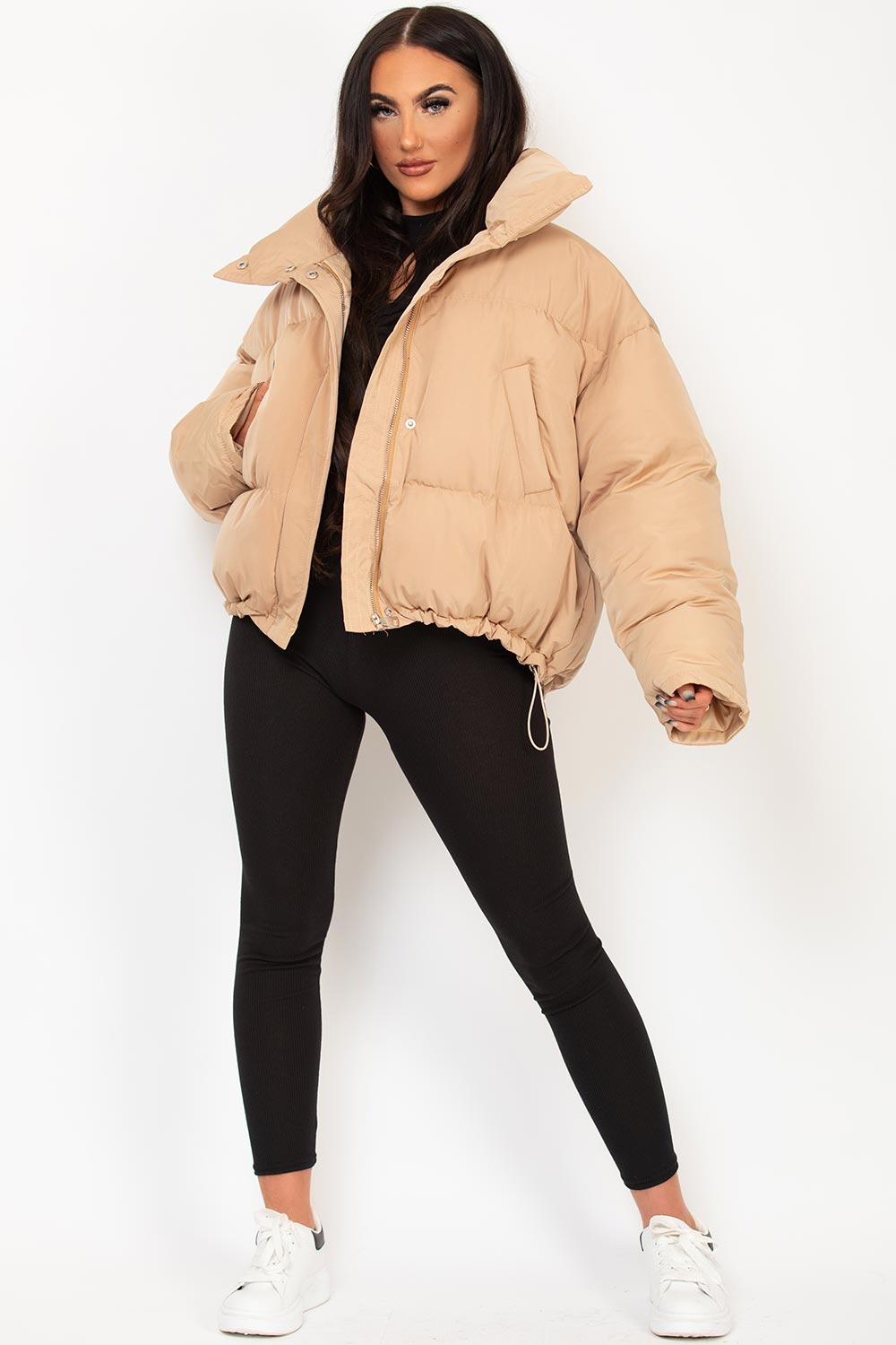 Beige Puffer Jacket With Drawstring Hem