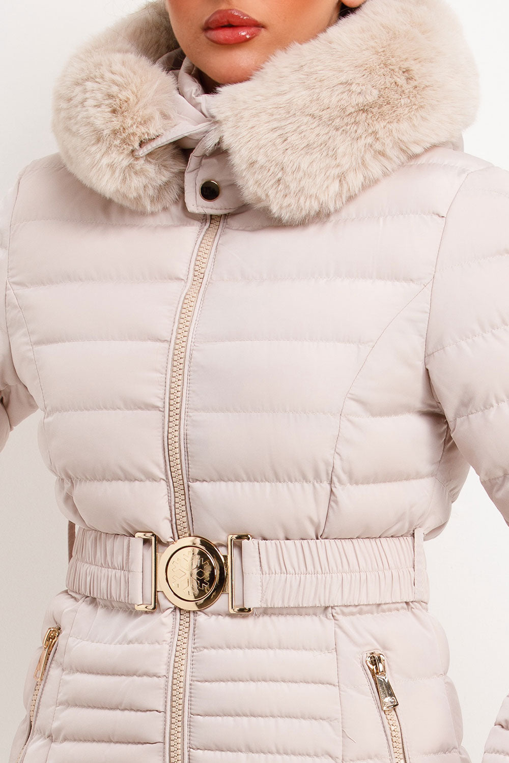 Puffer Jacket With Faux Fur Hood And Gold Belt Beige