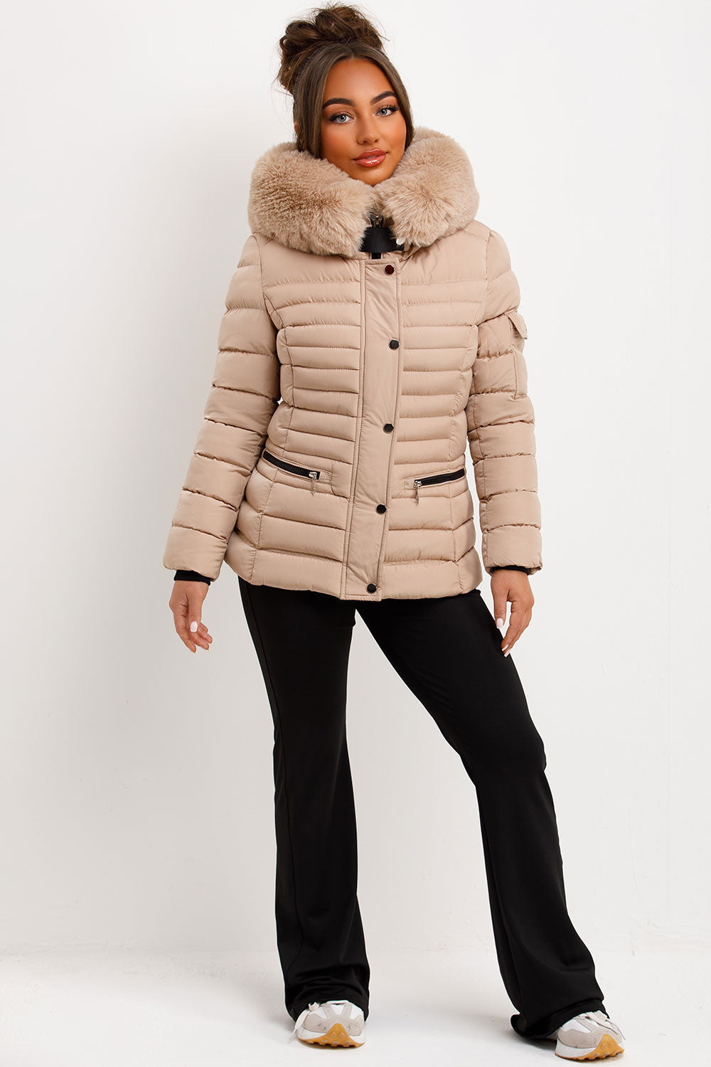 Puffer Jacket With Faux Fur Hood Side Buckle Detail Beige