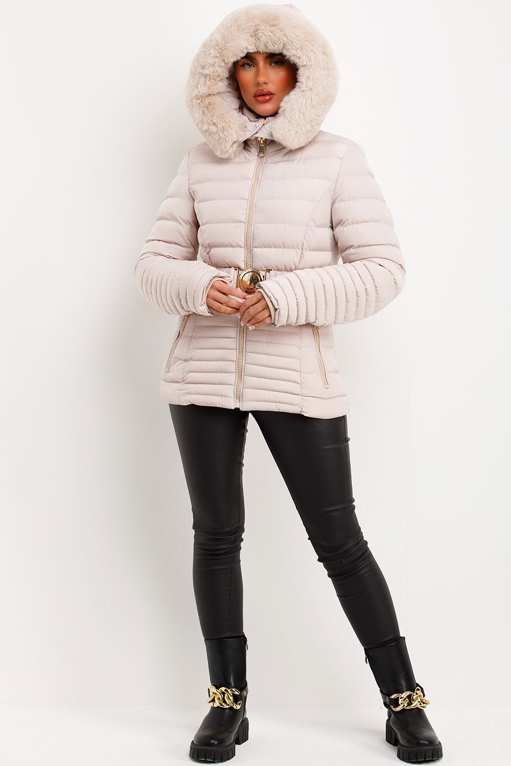 Puffer Jacket With Faux Fur Hood And Gold Belt Beige