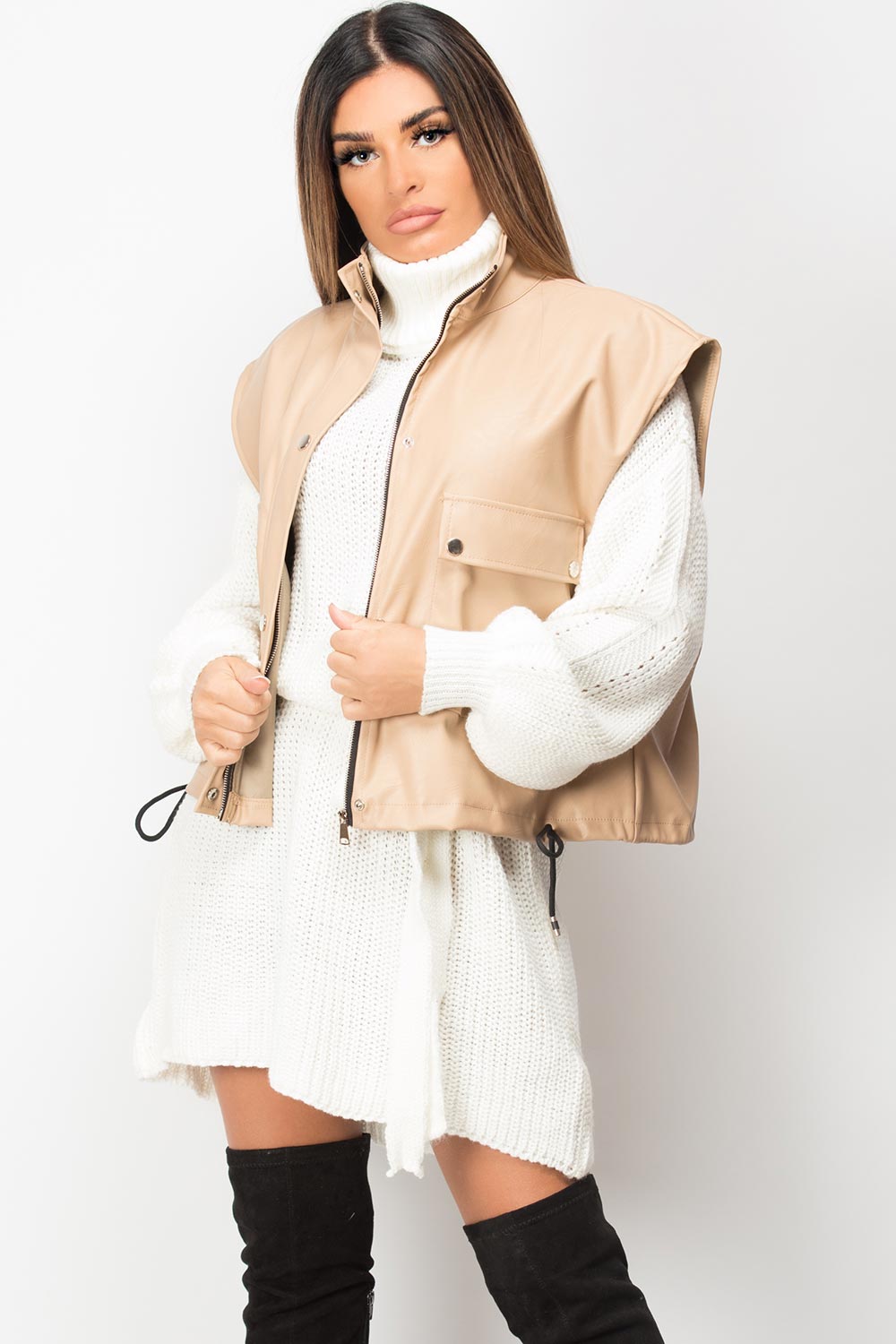 Faux Leather Sleeveless Jacket Beige