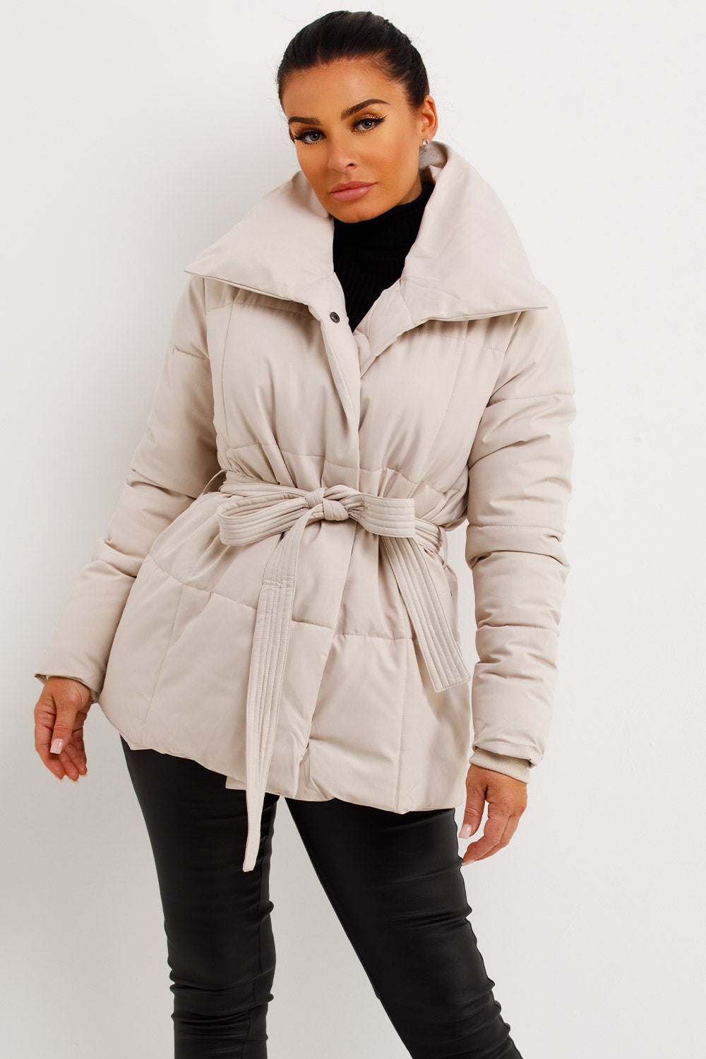 Beige Duvet Padded Jacket With Belt