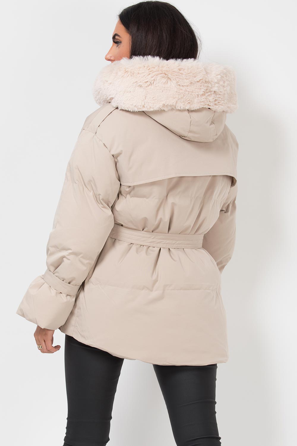 Beige Puffer Padded Coat With Faux Fur Hood