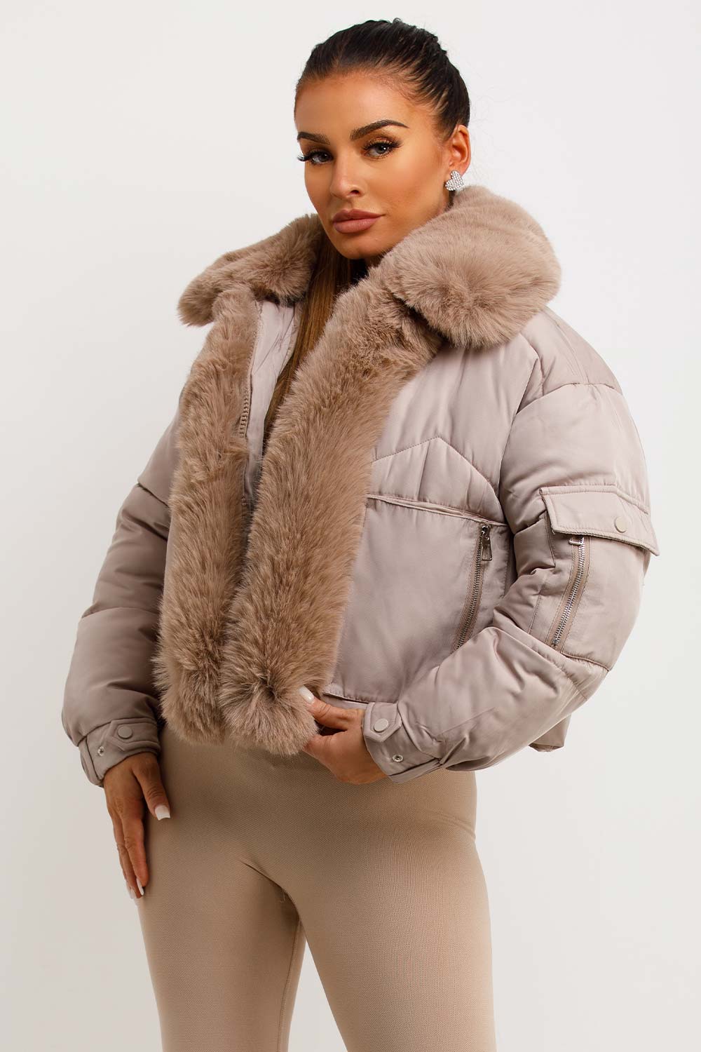 Puffer Jacket With Fur Trim Beige