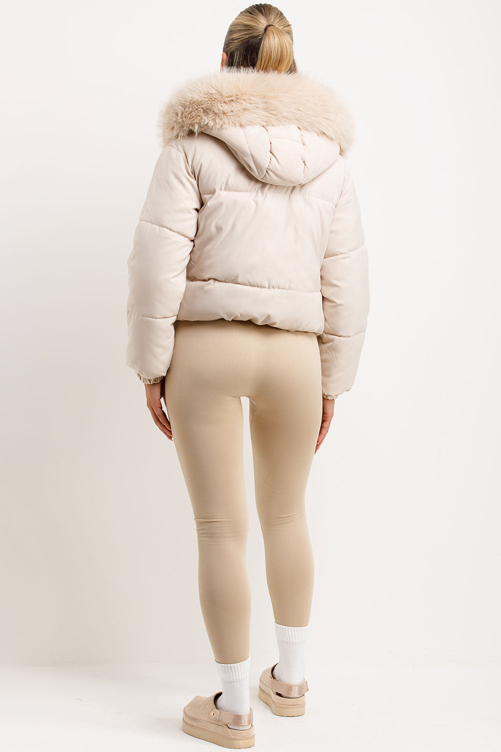 Bomber Jacket With Fur Hood And Trim Beige