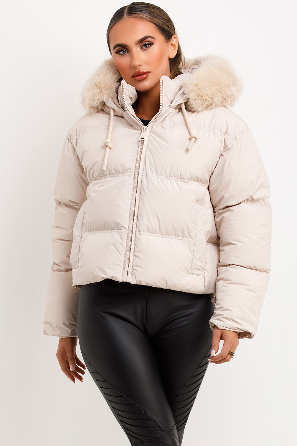 Puffer Jacket With Faux Fur Hood Beige