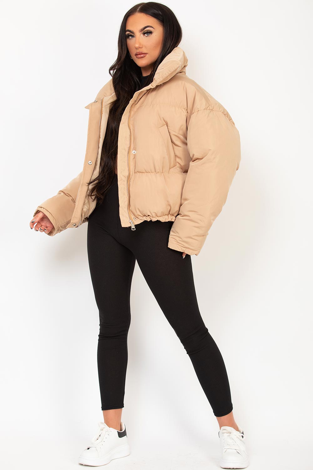 Beige Puffer Jacket With Drawstring Hem