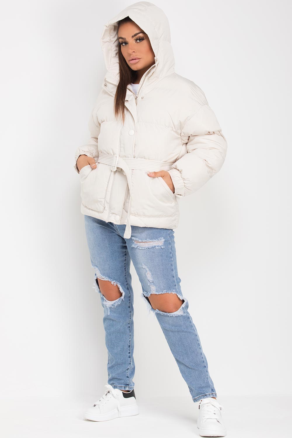 Puffer Padded Jacket With Belt Beige