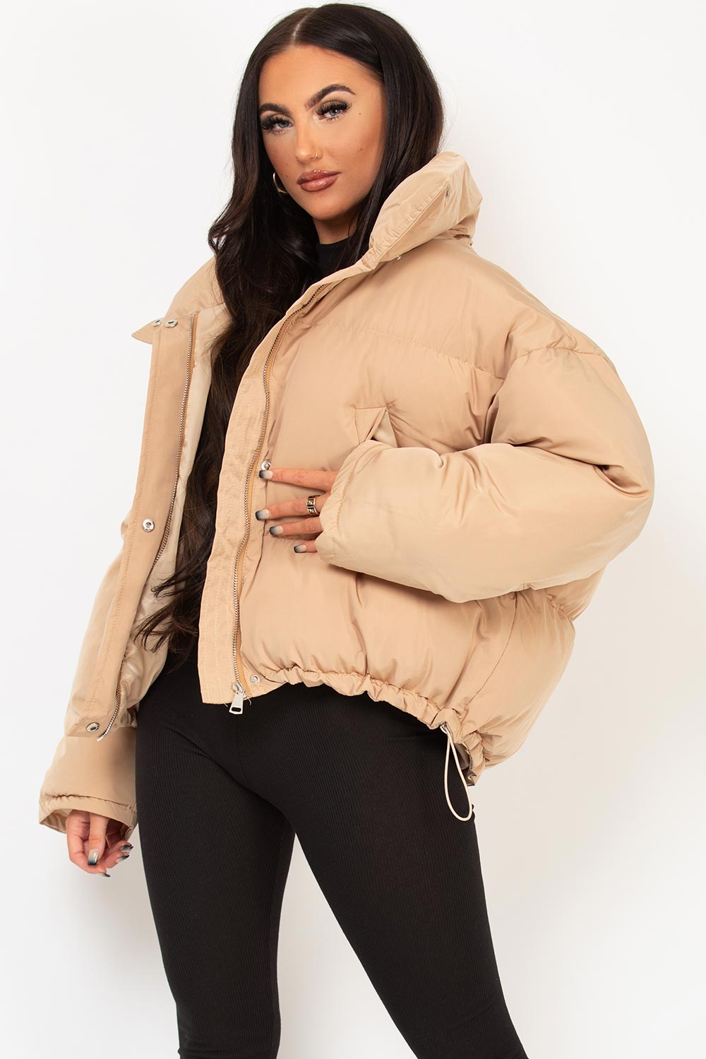 Beige Puffer Jacket With Drawstring Hem