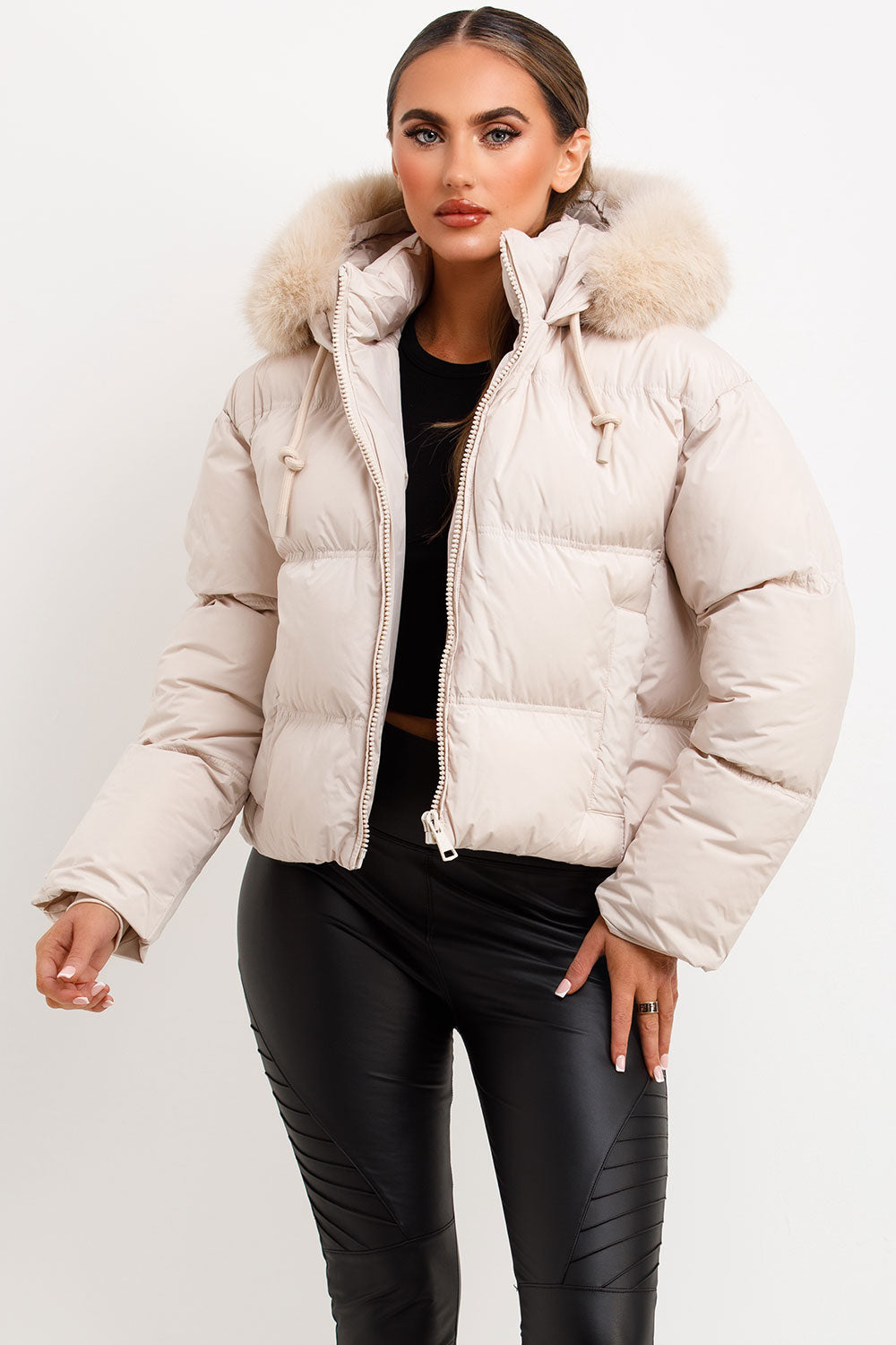 Puffer Jacket With Faux Fur Hood Beige