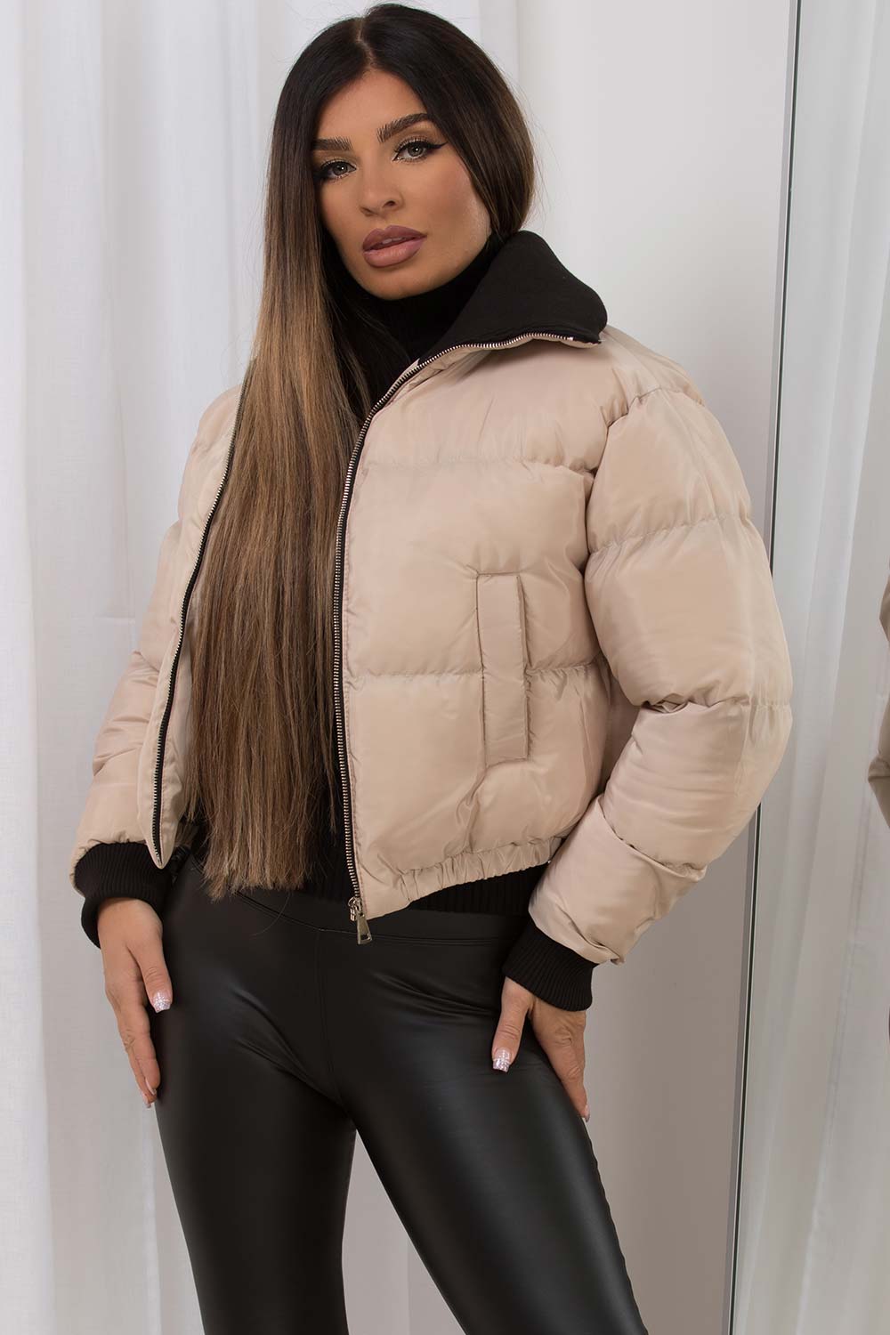 Cropped Puffer Jacket With Rib Collar Beige