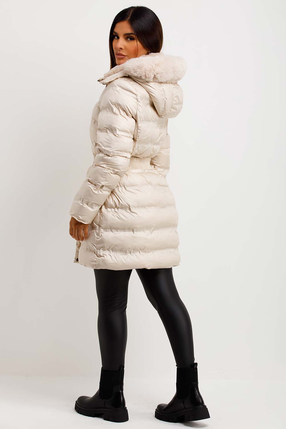 Puffer Padded Coat With Fur Hood And Belt Beige