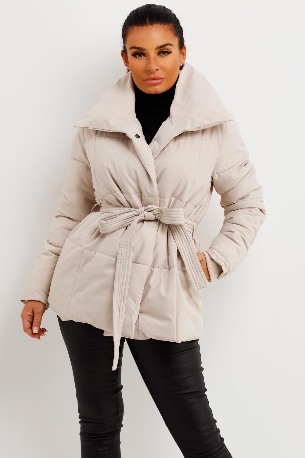 Beige Duvet Padded Jacket With Belt