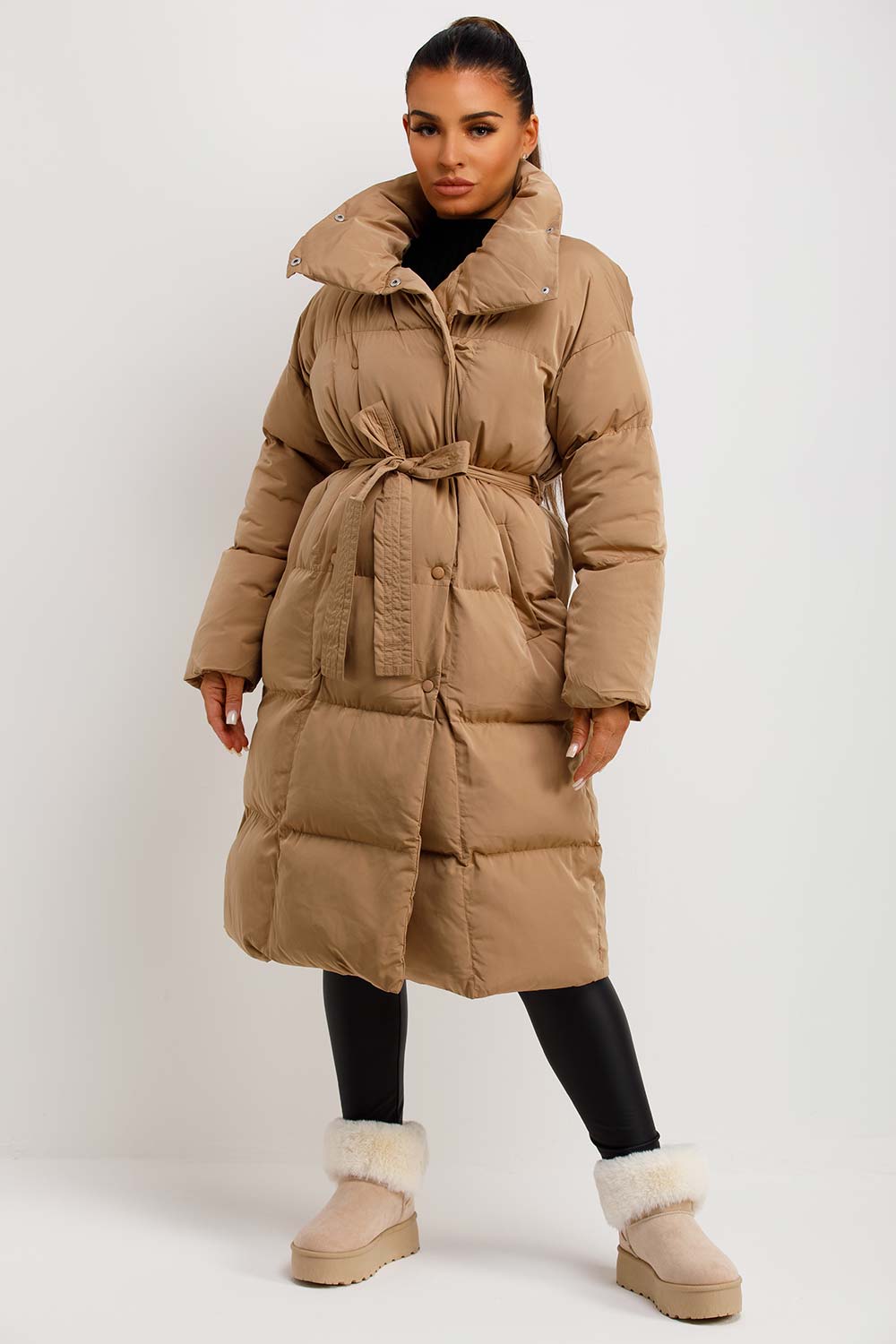 Long Puffer Coat Duvet Style Beige