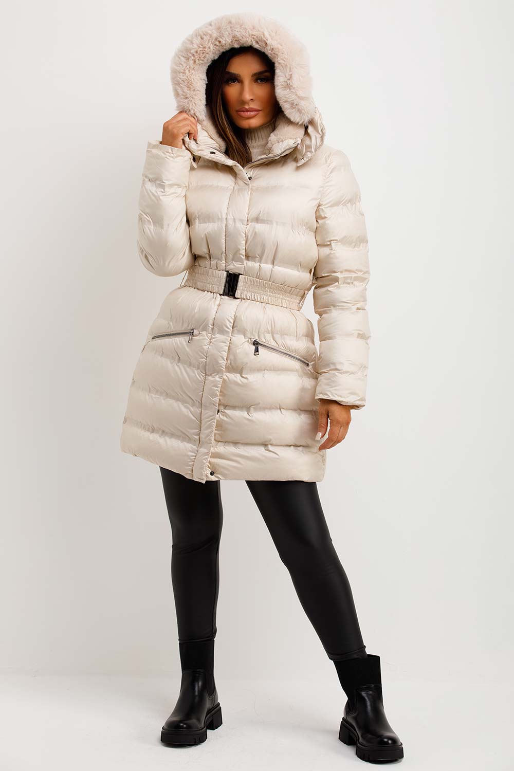 Puffer Padded Coat With Fur Hood And Belt Beige