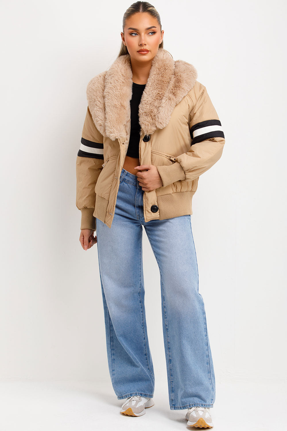 Aviator Bomber Jacket With Faux Fur And Stripe Detail Beige