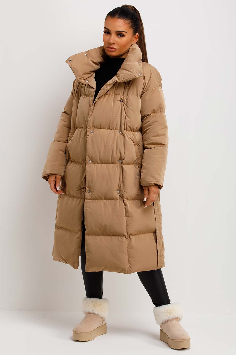 Long Puffer Coat Duvet Style Beige