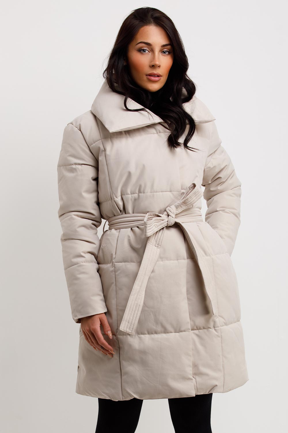 Long Duvet Coat With Belt Beige