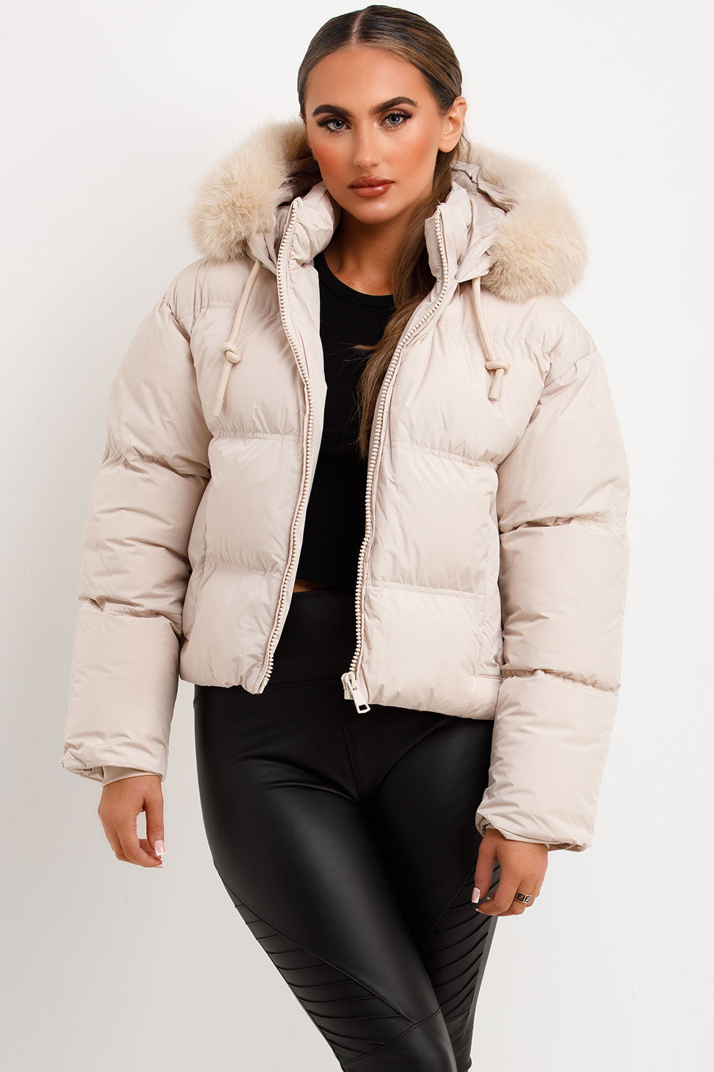 Puffer Jacket With Faux Fur Hood Beige