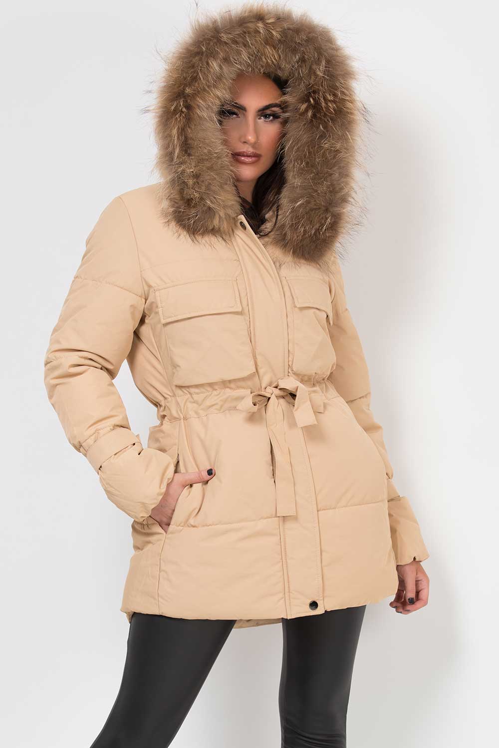 Real Fur Hood Coat With Drawstring Waist Beige