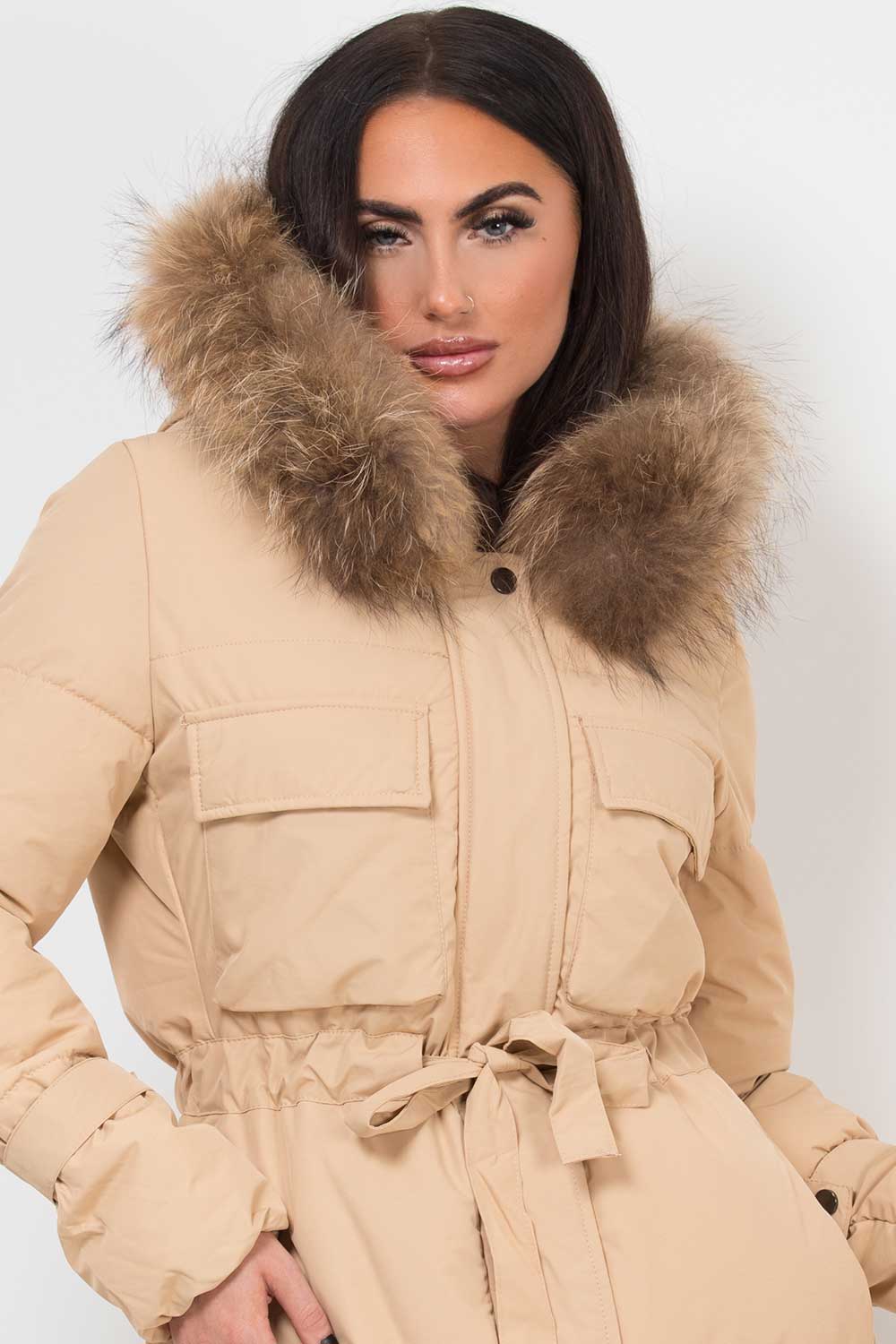 Real Fur Hood Coat With Drawstring Waist Beige