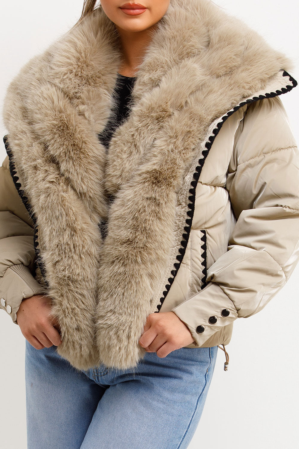 Faux Fur Collar And Trim Puffer Coat With Contrast Stitching Detail Beige