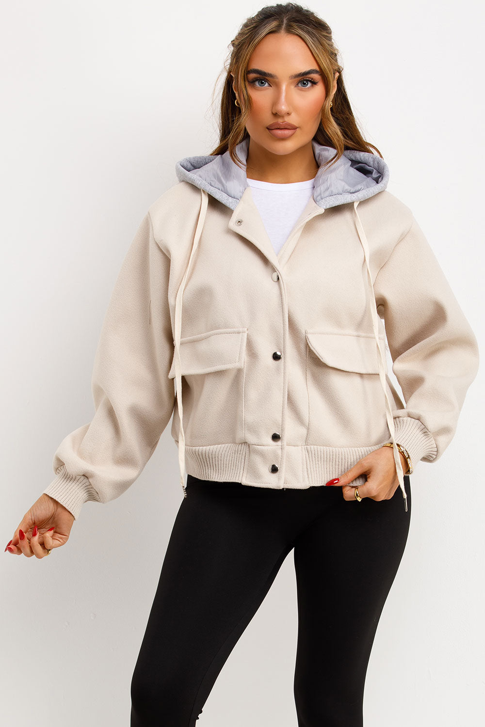 Bomber Baseball Jacket With Hood Beige