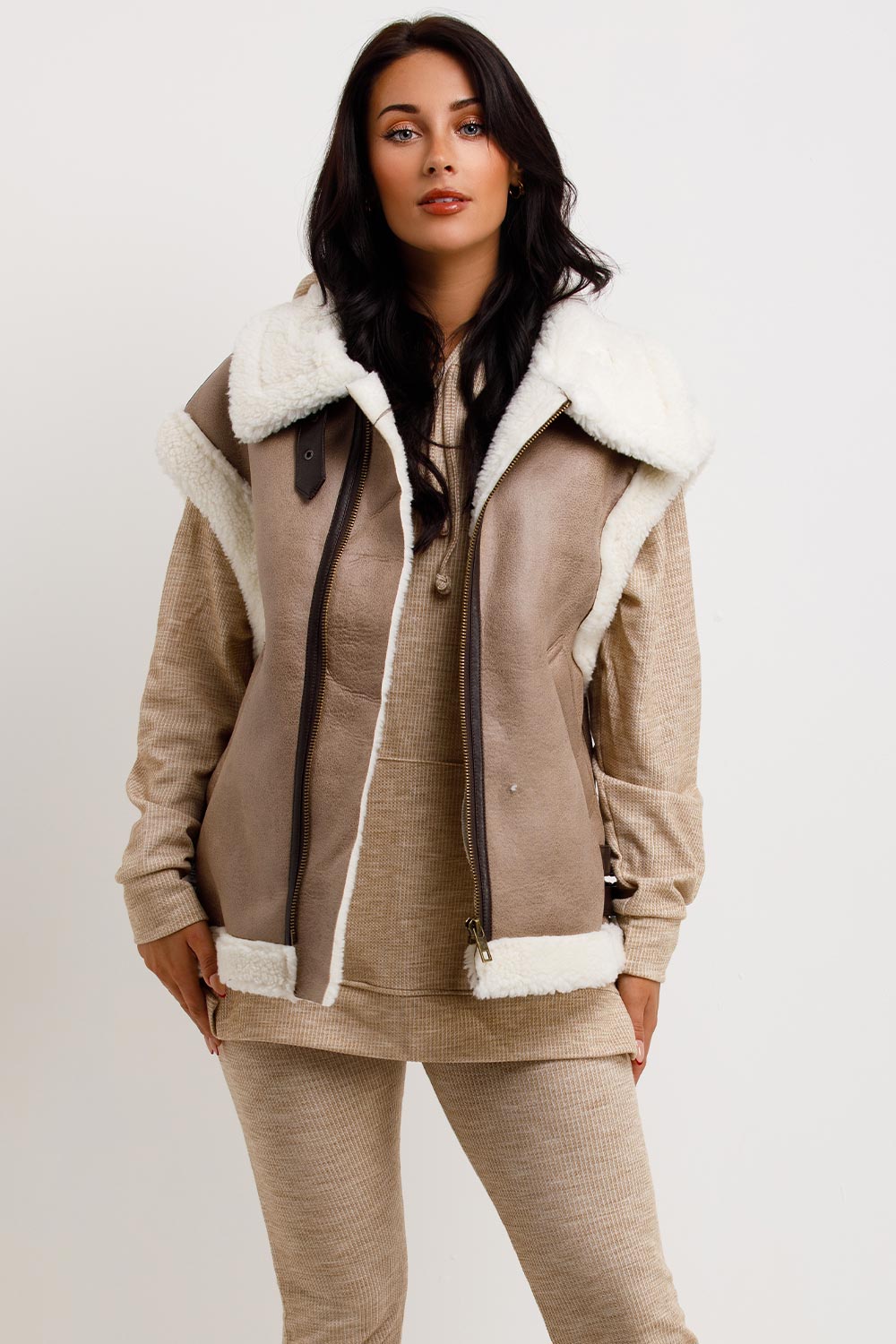 Faux Shearling Aviator Gilet In Faux Leather Beige