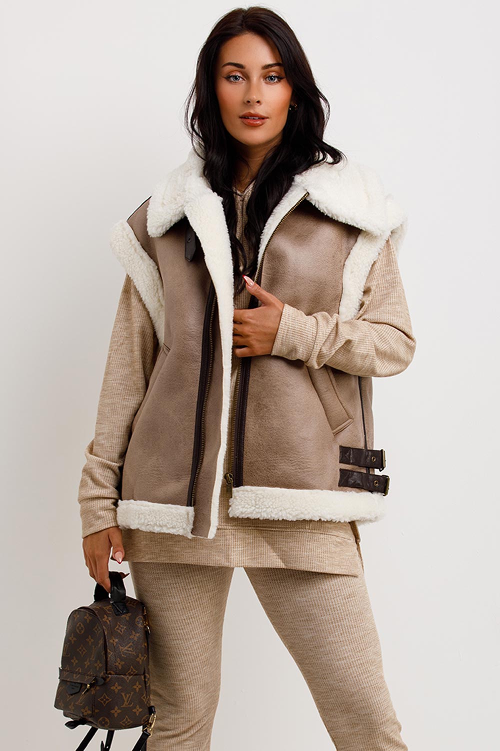 Faux Shearling Aviator Gilet In Faux Leather Beige