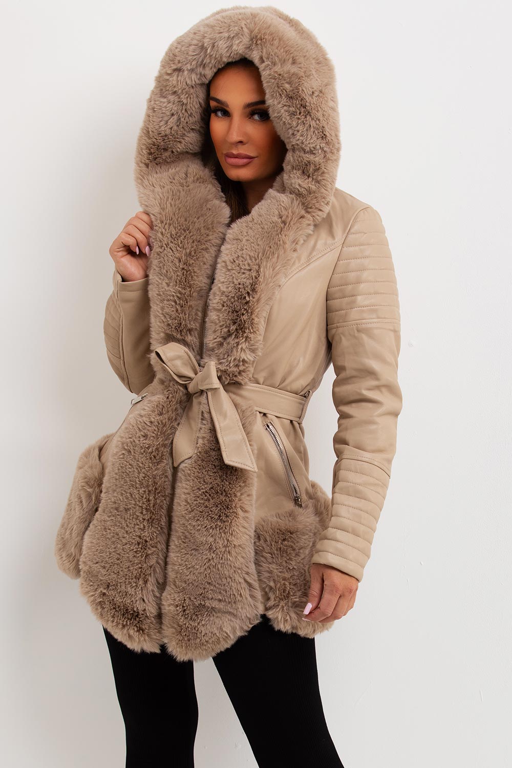 Faux Leather Jacket With Faux Fur Panels Beige