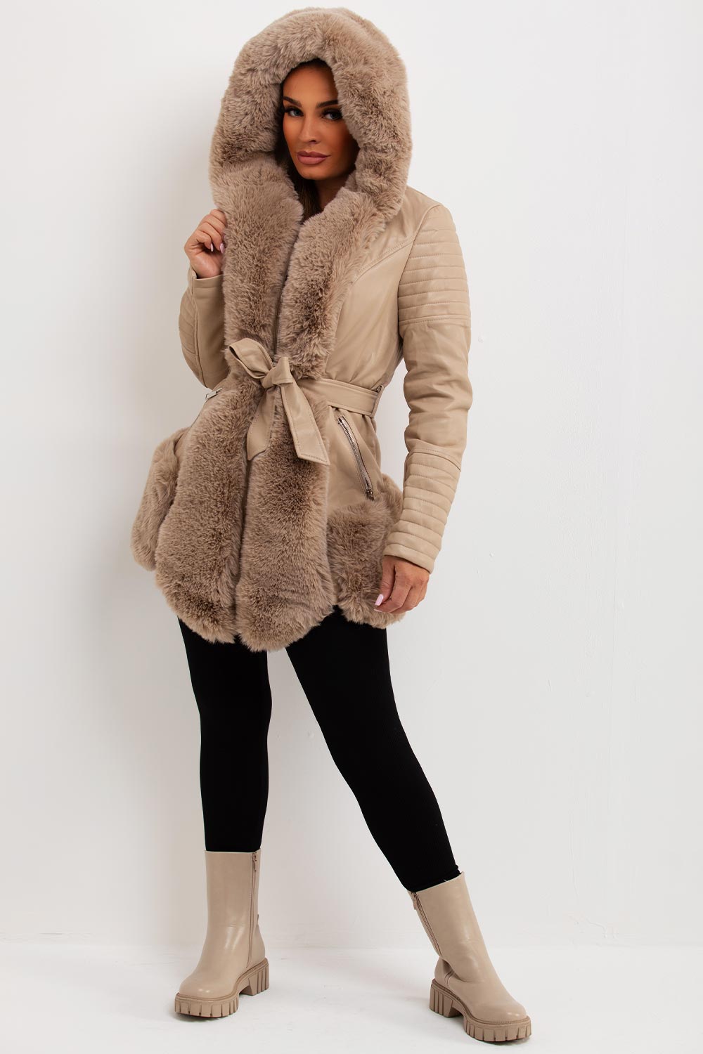 Faux Leather Jacket With Faux Fur Panels Beige