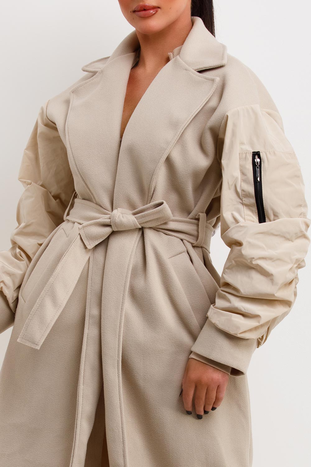 Beige Long Wrap Coat With Ruched Sleeves