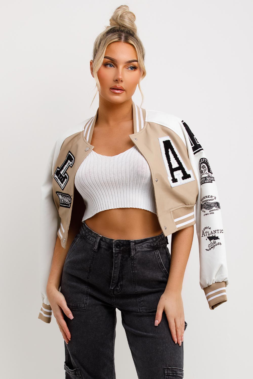 Varsity Bomber Faux Leather Jacket With Letter Detail Beige