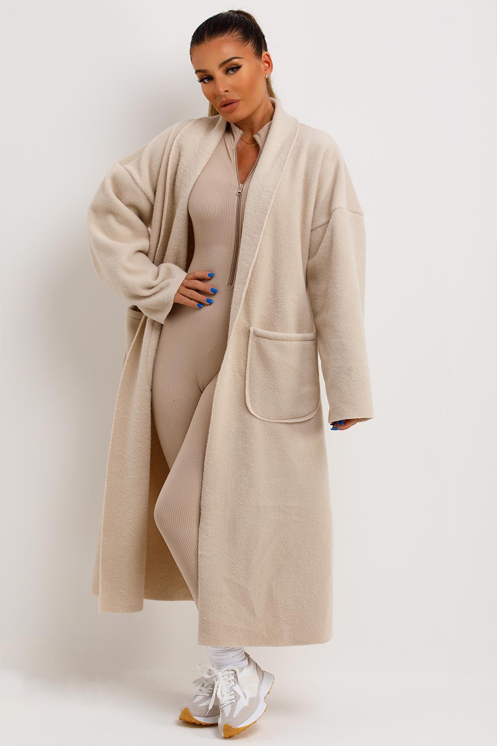 Longline Oversized Wool Look Coat With Pockets Beige