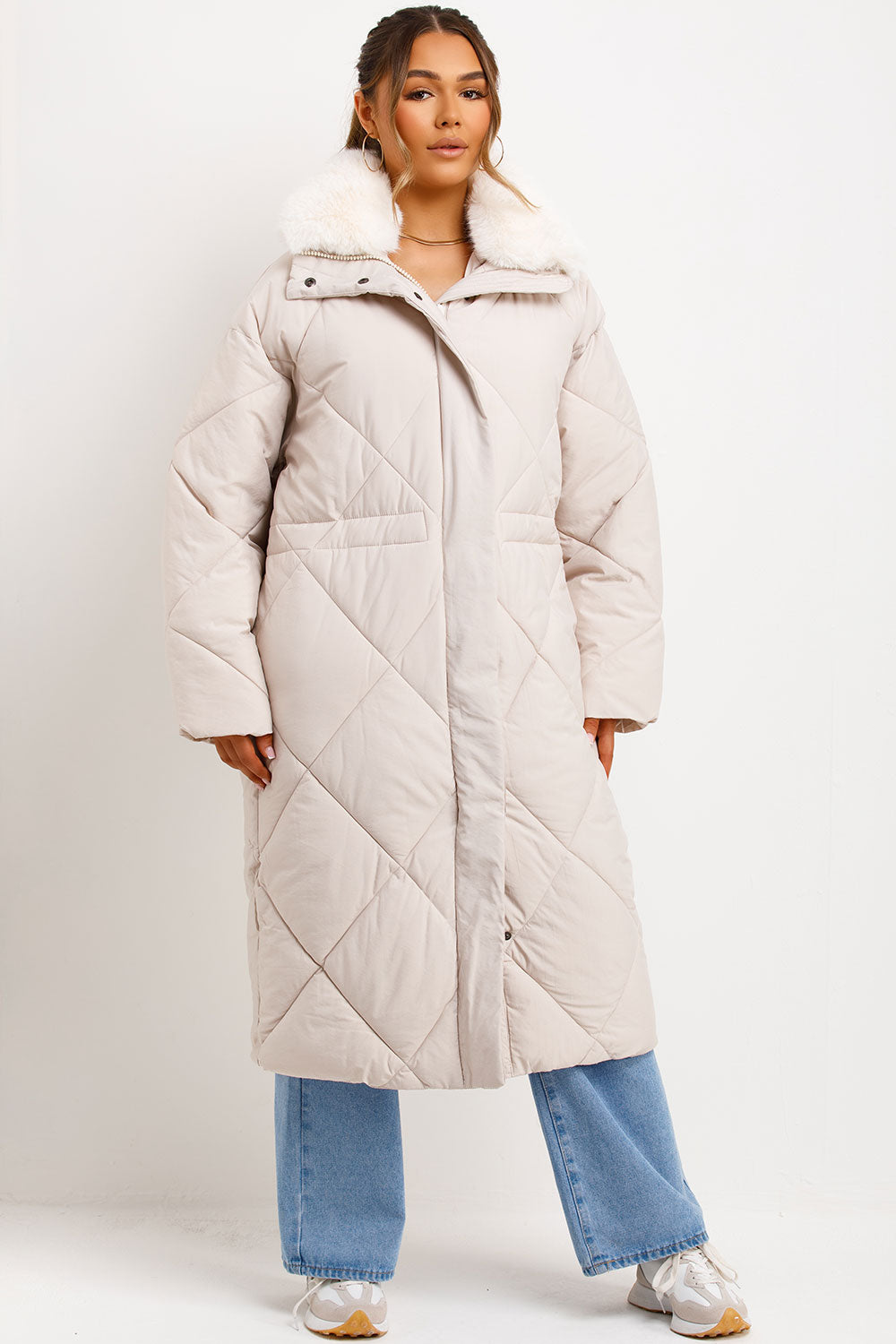 Long Puffer Quilted Coat With Fur Collar Beige