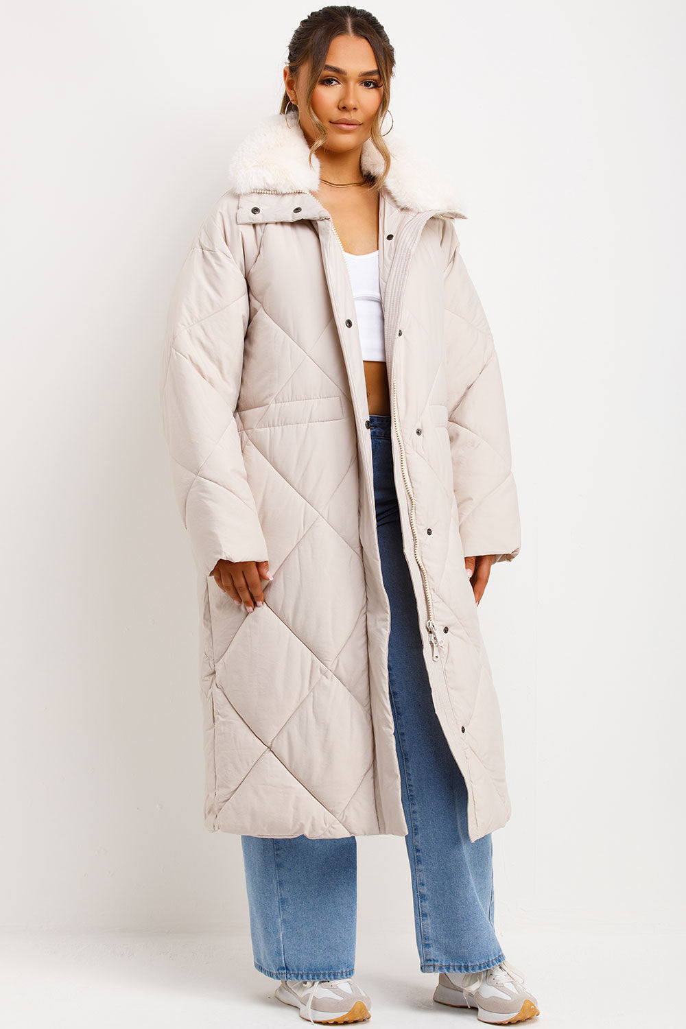 Long Puffer Quilted Coat With Fur Collar Beige