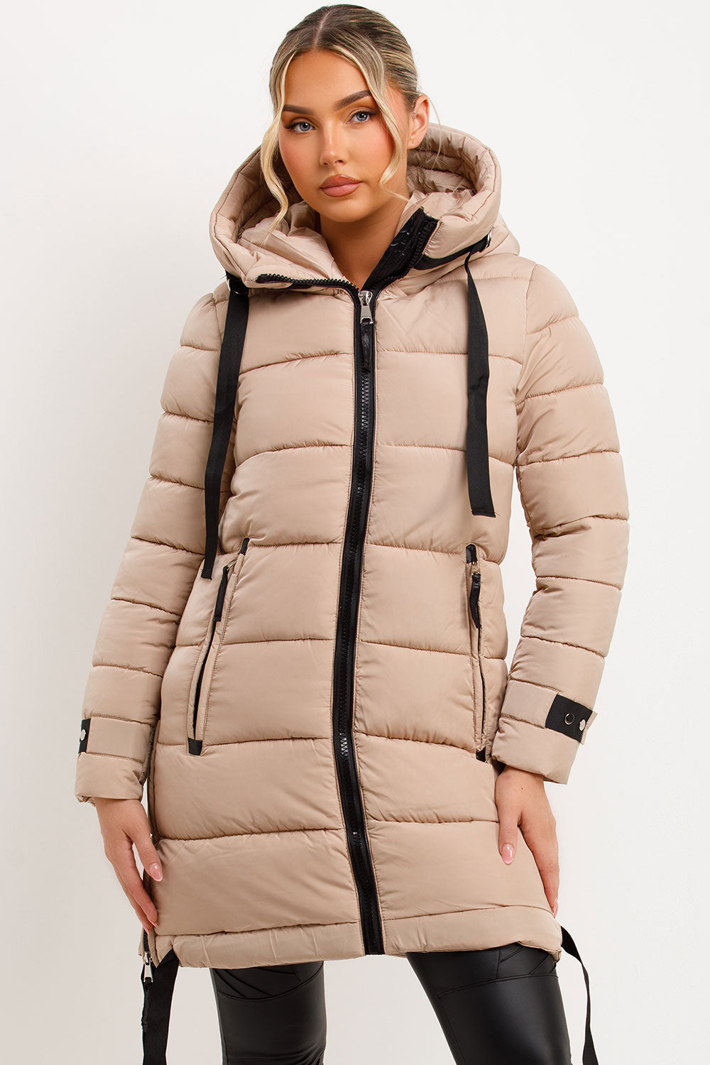 Long Puffer Coat With Hood And Side Straps Beige