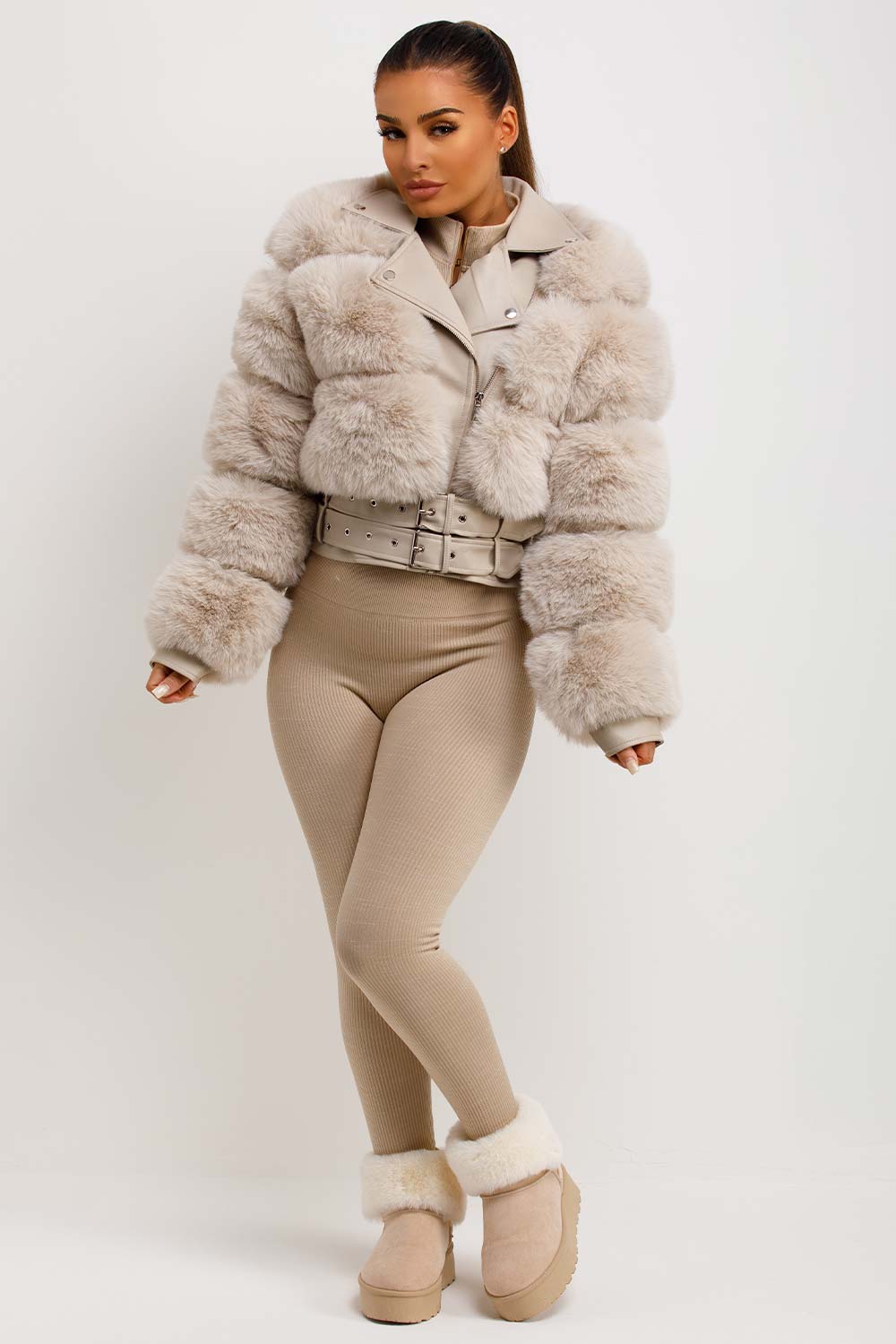 Faux Fur Faux Leather Aviator Jacket With Belt Beige