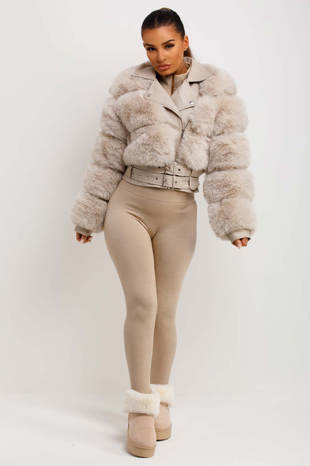 Faux Fur Faux Leather Aviator Jacket With Belt Beige