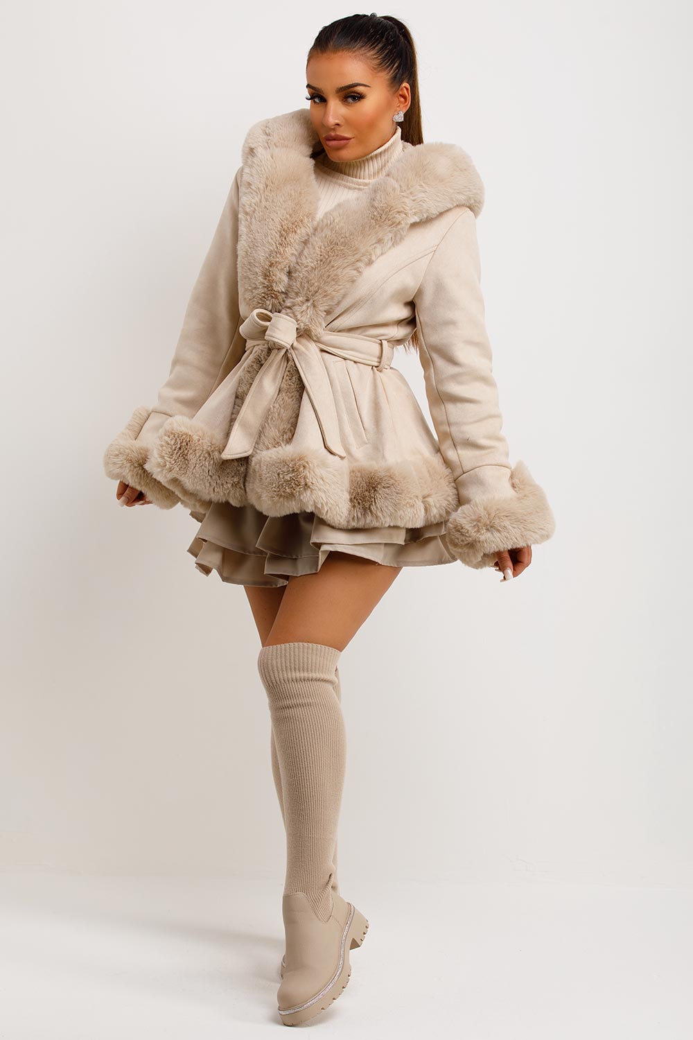 Beige Faux Fur Faux Suede Hooded Belted Coat