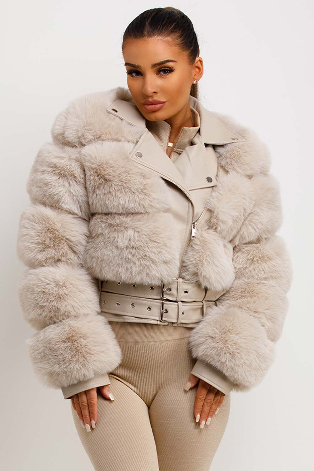 Faux Fur Faux Leather Aviator Jacket With Belt Beige