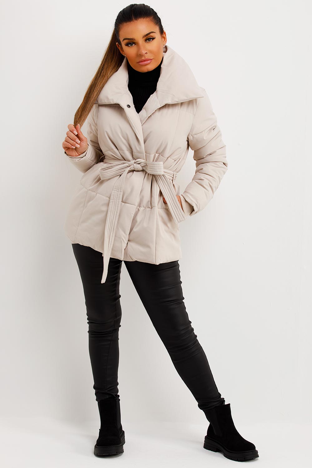 Beige Duvet Padded Jacket With Belt