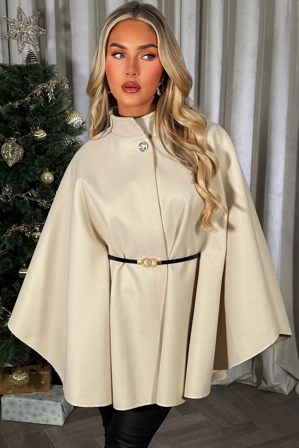 Cape With Belt And Button Beige Poncho