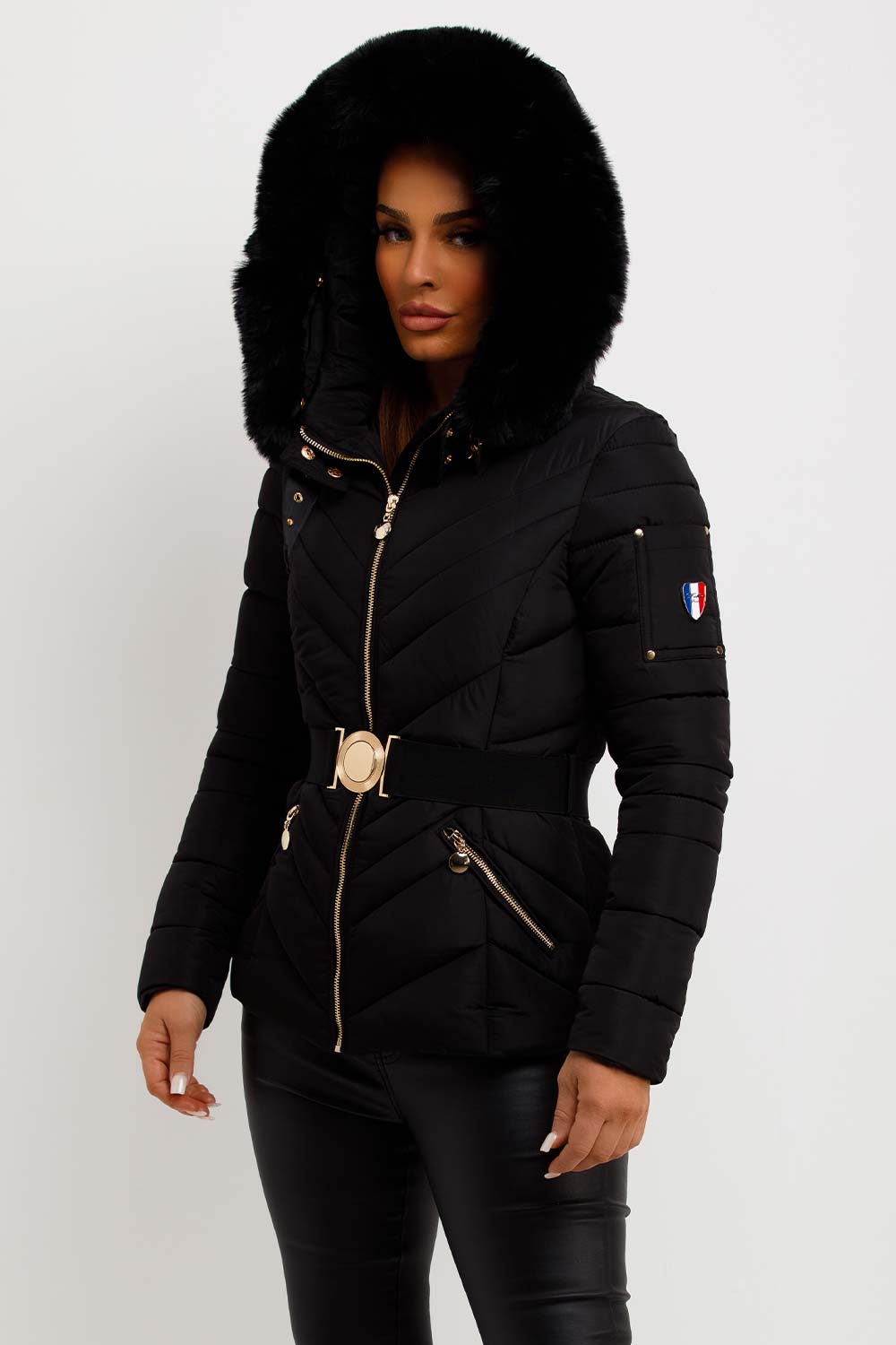 Puffer Jacket With Fur Hood And Belt Black