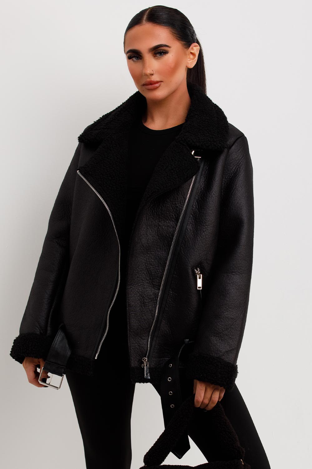 Aviator Jacket With Shearling Detail Black